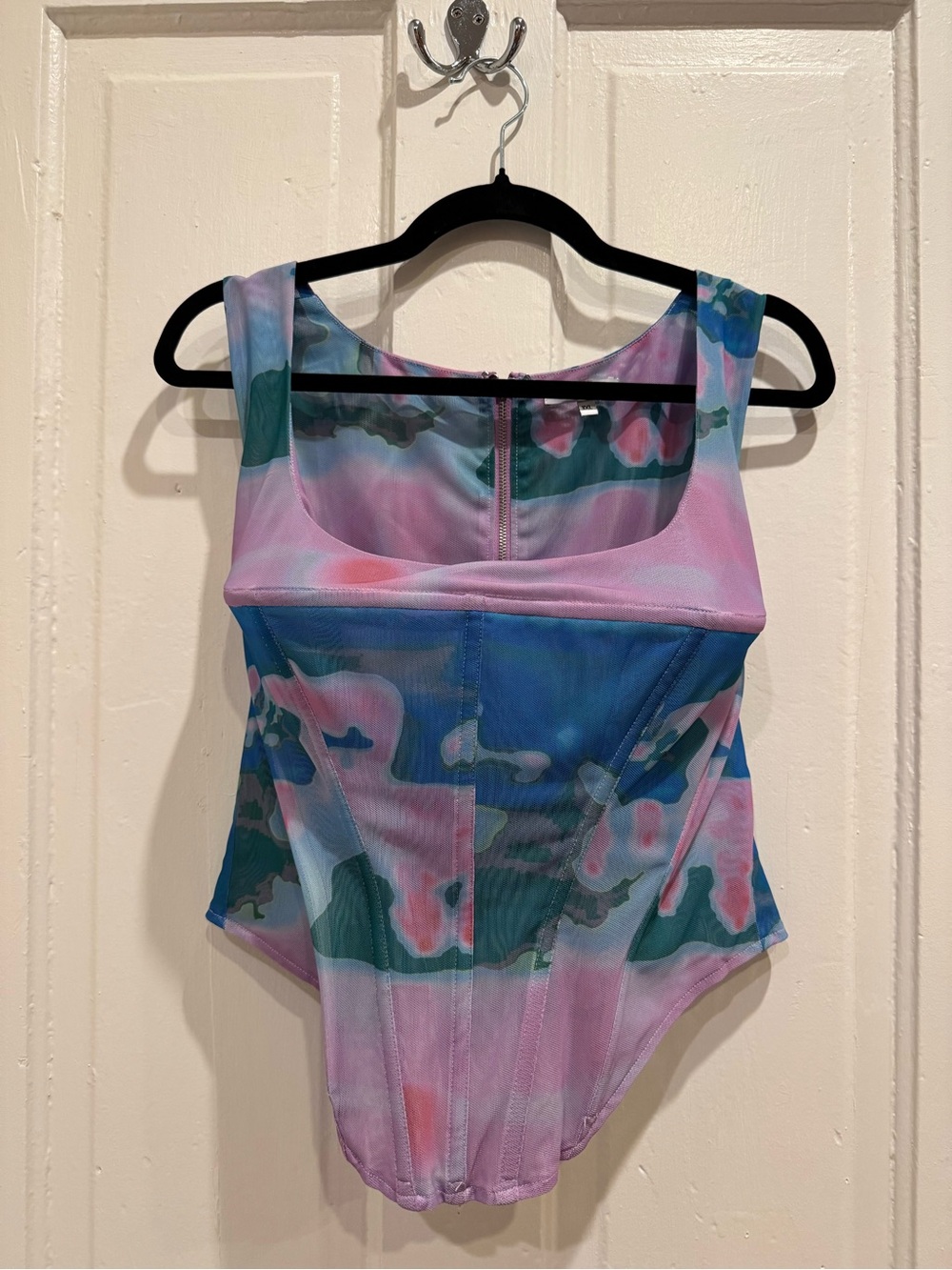 Miaou Mesh Corset in Pink, Blue, and Green Abstract, 3XL